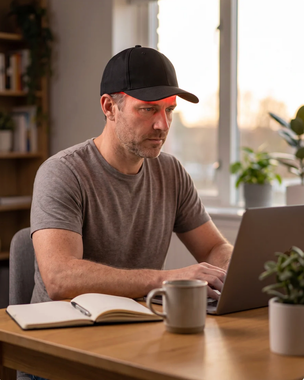 Man wearing the Lumora red light therapy cap while working at a laptop, red glow visible along the hairline