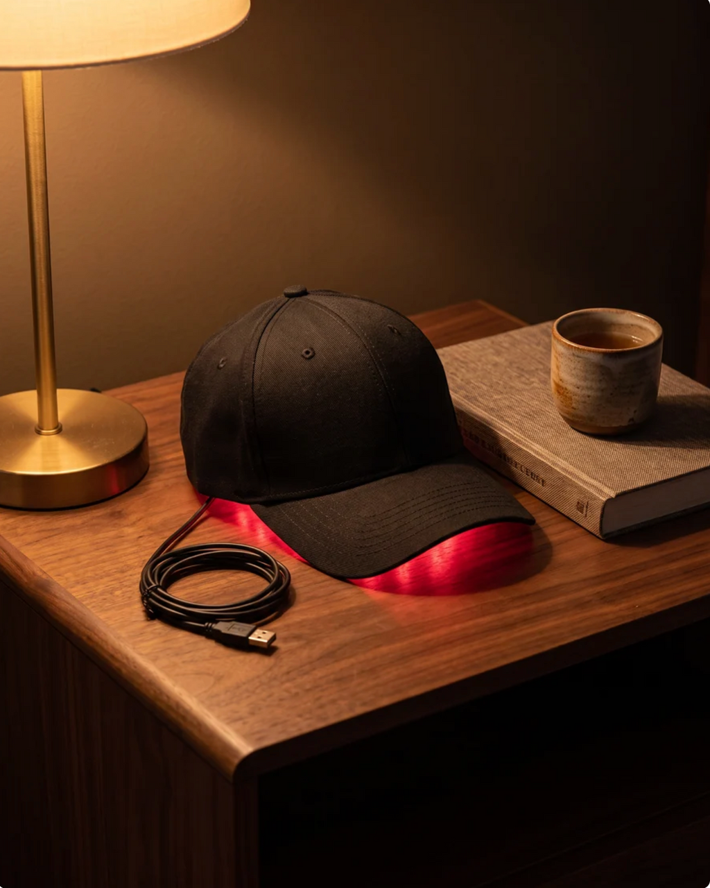 Lumora red light therapy cap resting on a walnut nightstand, red LED glow spilling from under the brim, USB cable coiled beside it